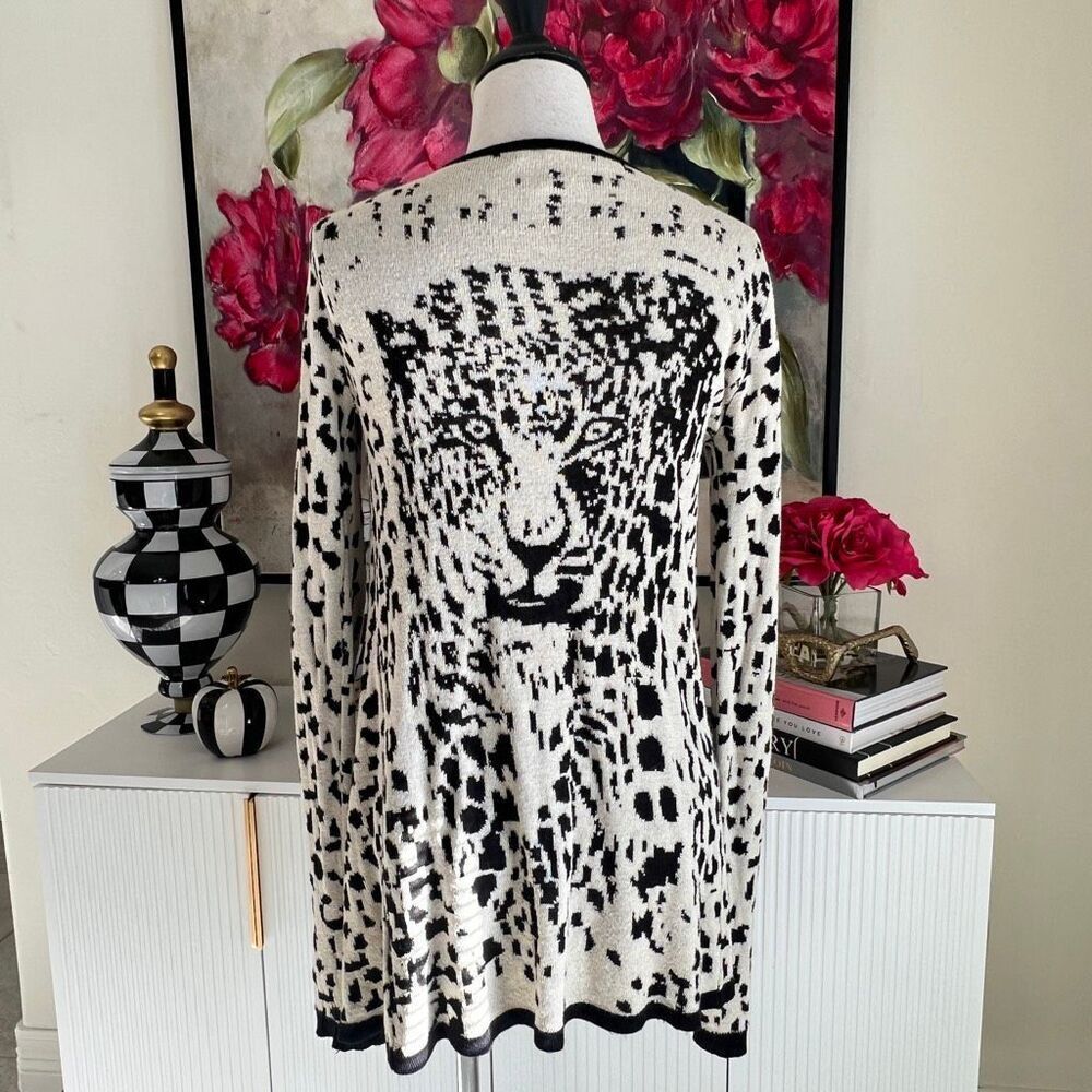Lapis Women's Leopard Print Open Front Knit Cardigan Cream Black Small